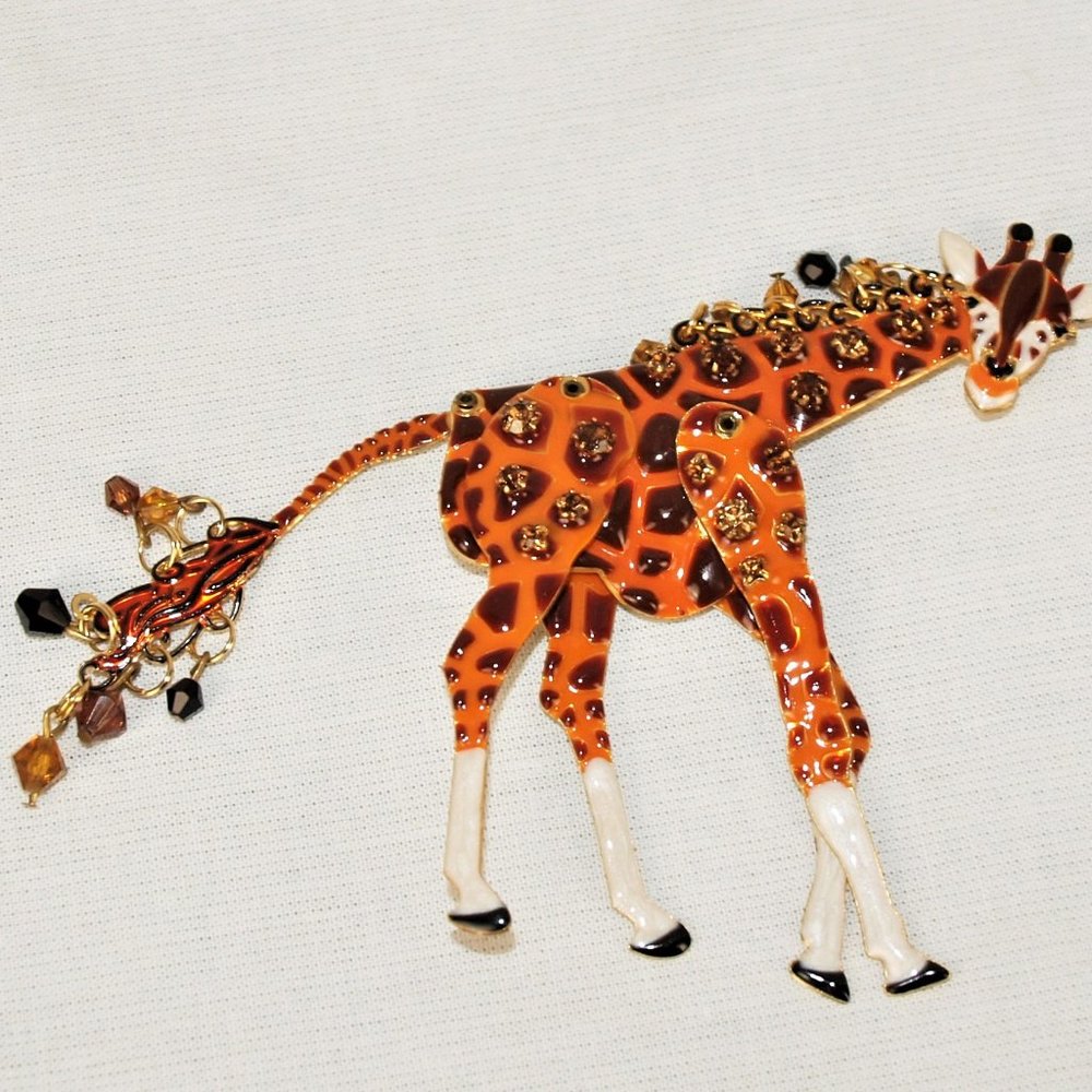 Vintage Lunch At The Ritz To Go Glass and Enamel Articulated Giraffe Brooch